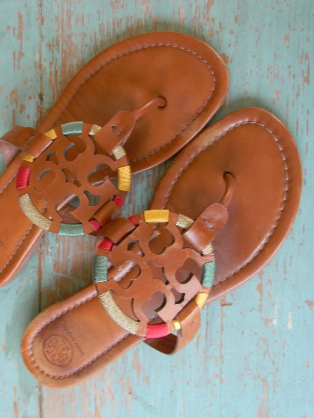 Tory Burch Embroidered Rainbow BROWNLEATHER Miller Sandals  Size 9M